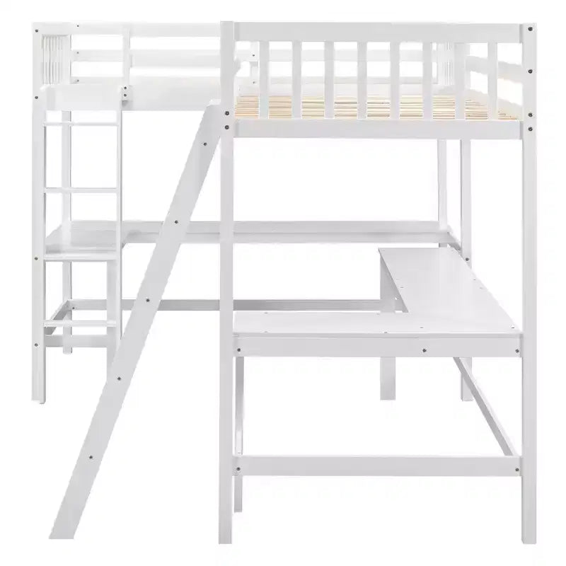 Whisen Lit mezzanine en bois en forme de L, taille double, 119 po L x 79,5 po l, avec échelle et 2 bureaux intégrés en forme de L