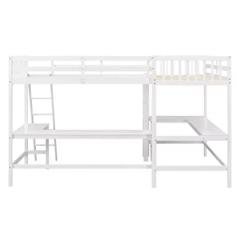 Whisen Lit mezzanine en bois en forme de L, taille double, 119 po L x 79,5 po l, avec échelle et 2 bureaux intégrés en forme de L