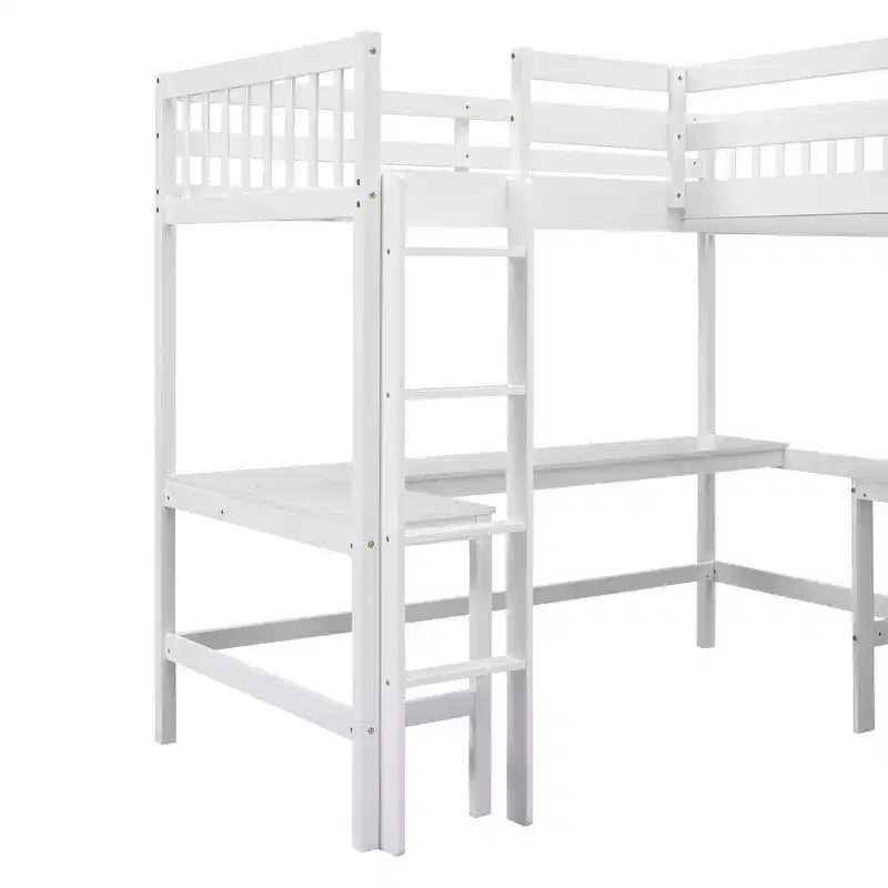 Whisen Lit mezzanine en bois en forme de L, taille double, 119 po L x 79,5 po l, avec échelle et 2 bureaux intégrés en forme de L