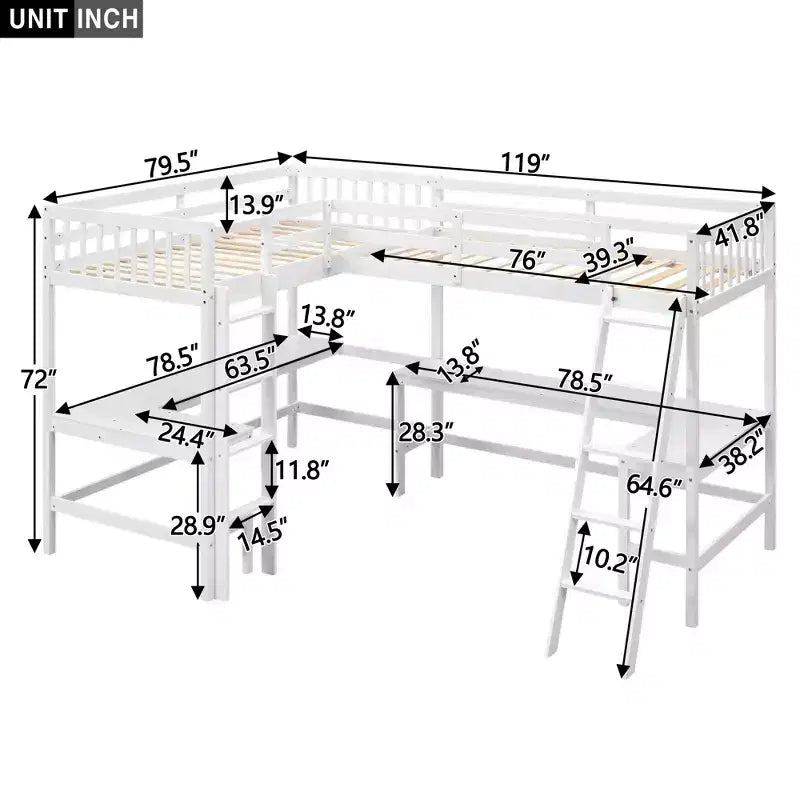 Whisen Lit mezzanine en bois en forme de L, taille double, 119 po L x 79,5 po l, avec échelle et 2 bureaux intégrés en forme de L