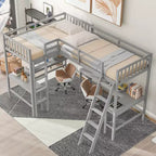 Whisen Lit mezzanine en bois en forme de L, taille double, 119 po L x 79,5 po l, avec échelle et 2 bureaux intégrés en forme de L