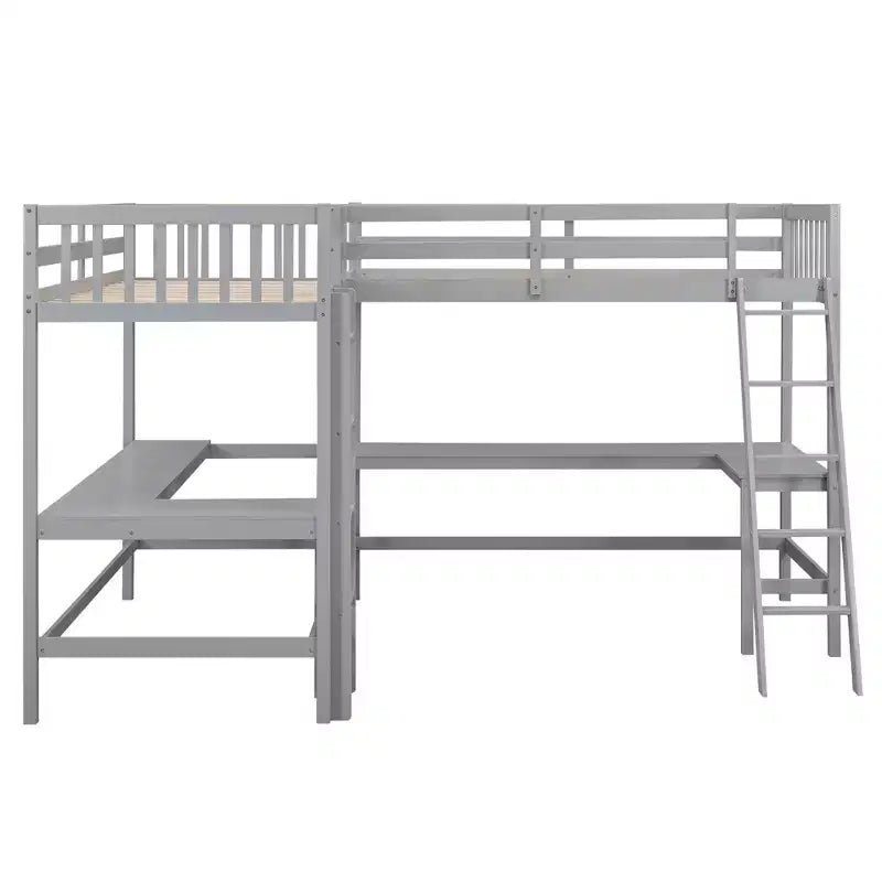 Whisen Lit mezzanine en bois en forme de L, taille double, 119 po L x 79,5 po l, avec échelle et 2 bureaux intégrés en forme de L