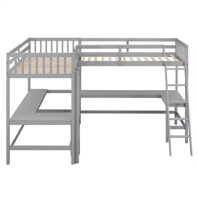 Whisen Lit mezzanine en bois en forme de L, taille double, 119 po L x 79,5 po l, avec échelle et 2 bureaux intégrés en forme de L
