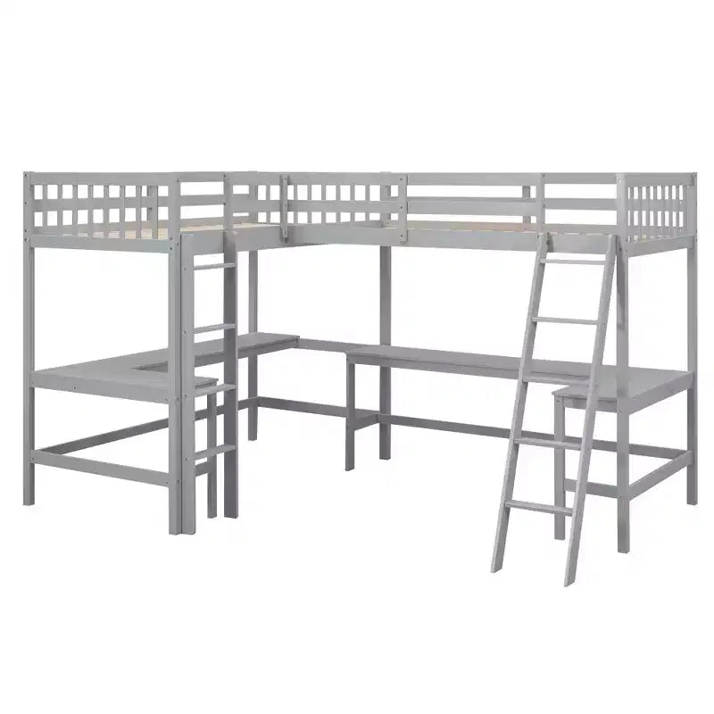 Whisen Lit mezzanine en bois en forme de L, taille double, 119 po L x 79,5 po l, avec échelle et 2 bureaux intégrés en forme de L
