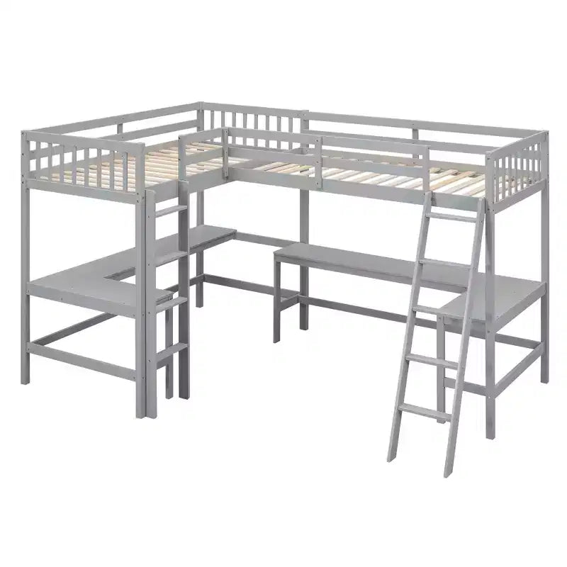 Whisen Lit mezzanine en bois en forme de L, taille double, 119 po L x 79,5 po l, avec échelle et 2 bureaux intégrés en forme de L
