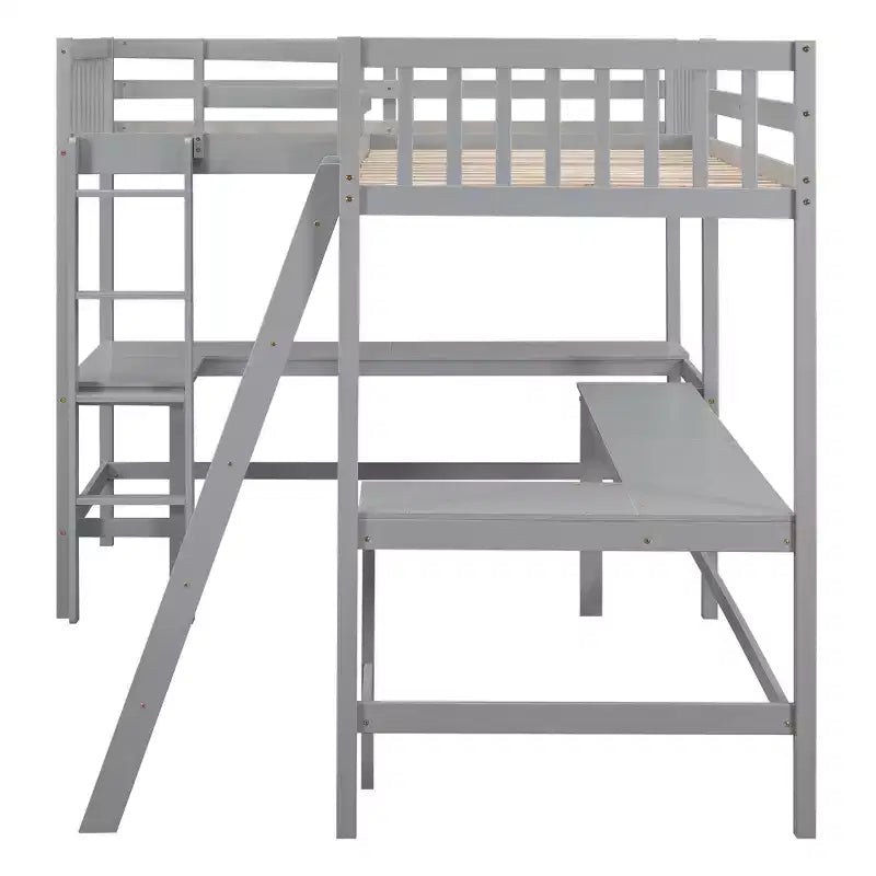 Whisen Lit mezzanine en bois en forme de L, taille double, 119 po L x 79,5 po l, avec échelle et 2 bureaux intégrés en forme de L