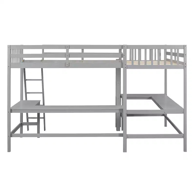 Whisen Lit mezzanine en bois en forme de L, taille double, 119 po L x 79,5 po l, avec échelle et 2 bureaux intégrés en forme de L