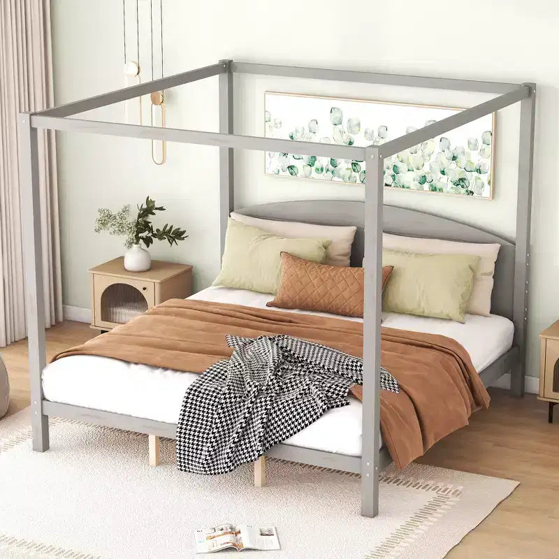 Lit à baldaquin plateforme de style minimaliste Whisen King-size avec tête de lit incurvée et pieds de support en bois