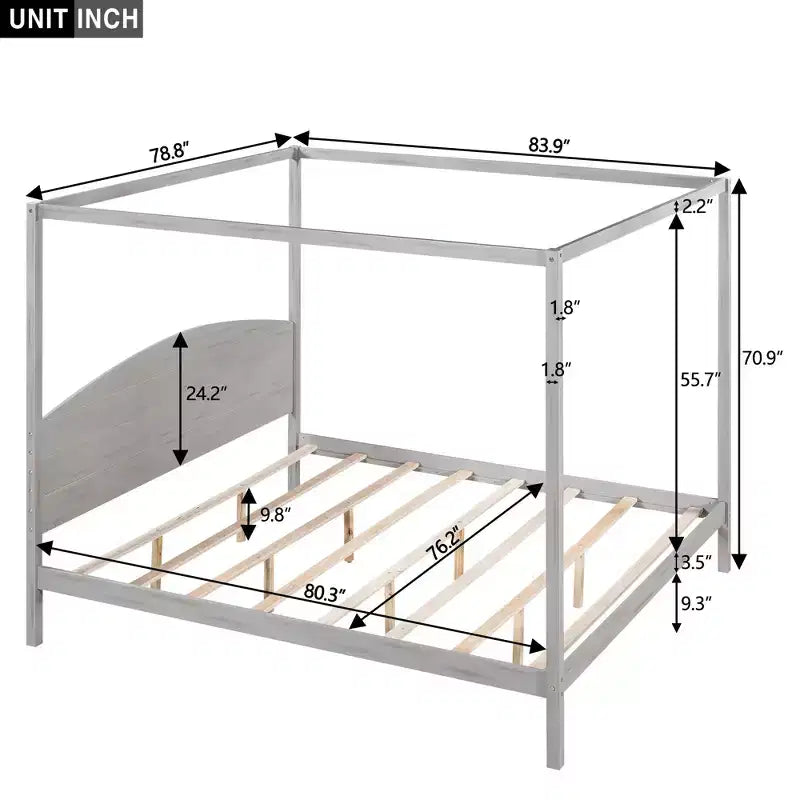 Lit à baldaquin plateforme de style minimaliste Whisen King-size avec tête de lit incurvée et pieds de support en bois