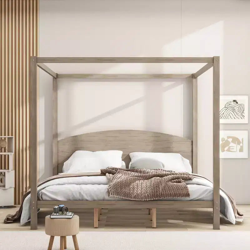 Lit à baldaquin plateforme de style minimaliste Whisen King-size avec tête de lit incurvée et pieds de support en bois