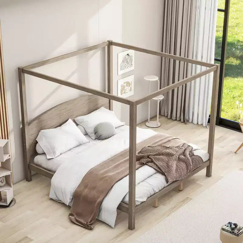 Lit à baldaquin plateforme de style minimaliste Whisen King-size avec tête de lit incurvée et pieds de support en bois