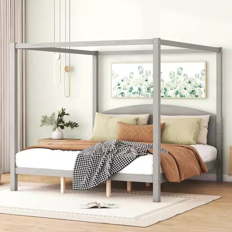 Lit à baldaquin plateforme de style minimaliste Whisen King-size avec tête de lit incurvée et pieds de support en bois
