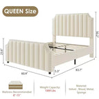 Cadre de lit WhizMax Grand lit/Très grand lit avec tête de lit de 127,5 cm de hauteur, cadre de lit Queen en velours avec tête et pied de lit touffetés à canaux verticaux