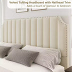 Cadre de lit WhizMax Grand lit/Très grand lit avec tête de lit de 127,5 cm de hauteur, cadre de lit Queen en velours avec tête et pied de lit touffetés à canaux verticaux