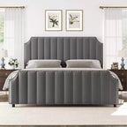 Cadre de lit WhizMax Grand lit/Très grand lit avec tête de lit de 127,5 cm de hauteur, cadre de lit Queen en velours avec tête et pied de lit touffetés à canaux verticaux
