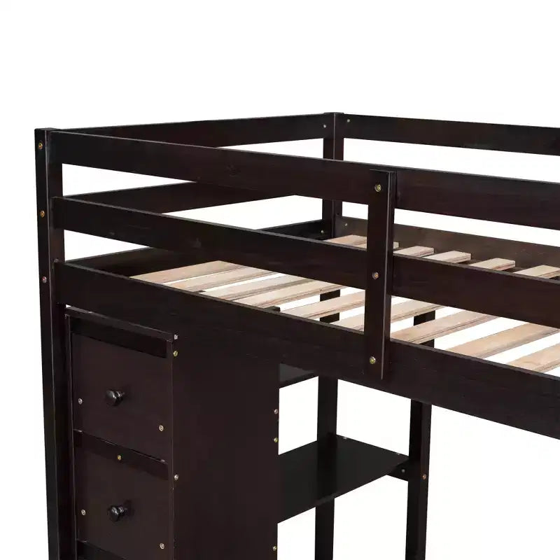 Whisen 94.40''L 41.80''W Lit mezzanine double en bois au design moderne avec tiroirs de rangement, bureau et escalier
