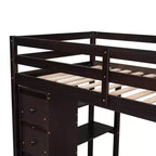 Whisen 94.40''L 41.80''W Lit mezzanine double en bois au design moderne avec tiroirs de rangement, bureau et escalier