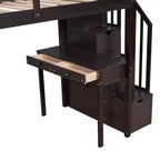 Whisen 94.40''L 41.80''W Lit mezzanine double en bois au design moderne avec tiroirs de rangement, bureau et escalier