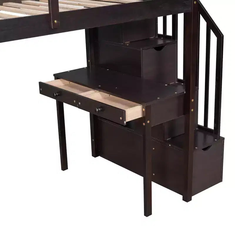 Whisen 94.40''L 41.80''W Lit mezzanine double en bois au design moderne avec tiroirs de rangement, bureau et escalier