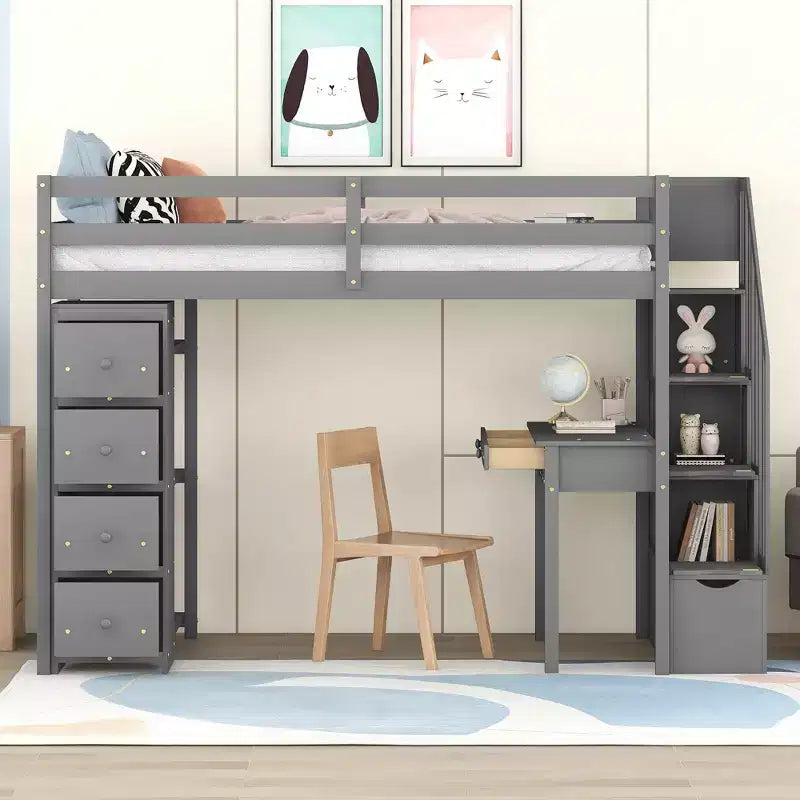 Whisen 94.40''L 41.80''W Lit mezzanine double en bois au design moderne avec tiroirs de rangement, bureau et escalier