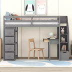 Whisen 94.40''L 41.80''W Lit mezzanine double en bois au design moderne avec tiroirs de rangement, bureau et escalier