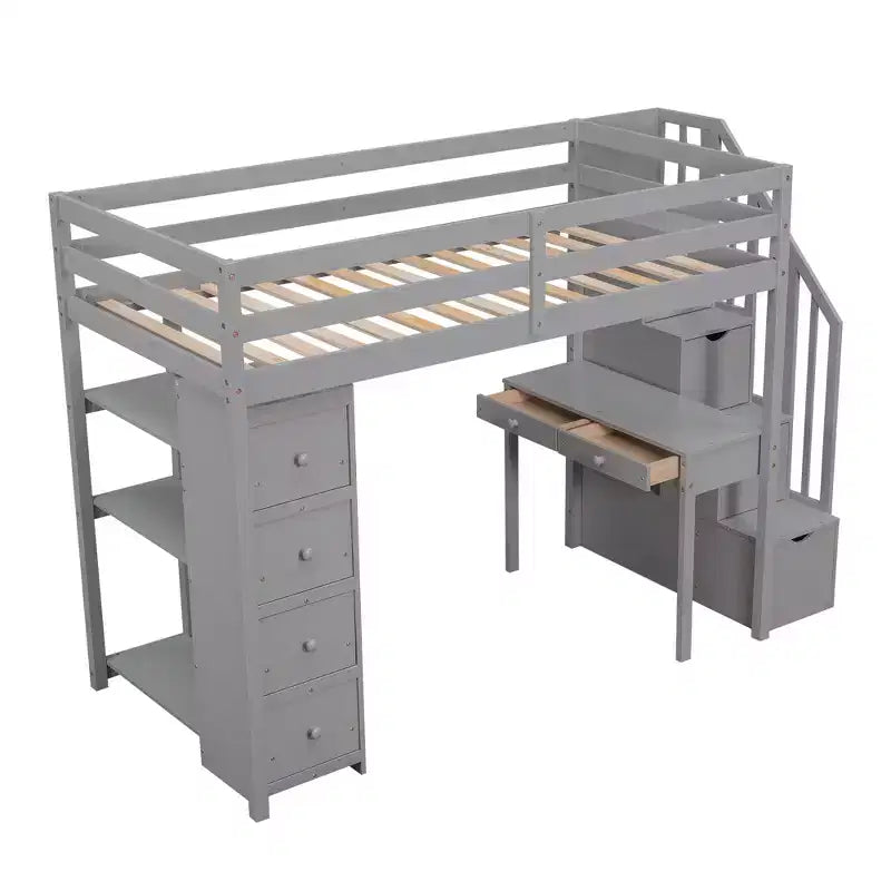 Whisen 94.40''L 41.80''W Lit mezzanine double en bois au design moderne avec tiroirs de rangement, bureau et escalier