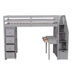 Whisen 94.40''L 41.80''W Lit mezzanine double en bois au design moderne avec tiroirs de rangement, bureau et escalier