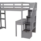 Whisen 94.40''L 41.80''W Lit mezzanine double en bois au design moderne avec tiroirs de rangement, bureau et escalier