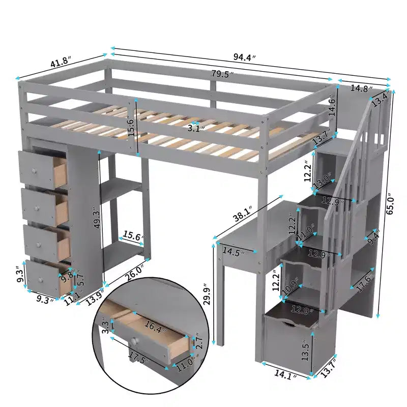 Whisen 94.40''L 41.80''W Lit mezzanine double en bois au design moderne avec tiroirs de rangement, bureau et escalier