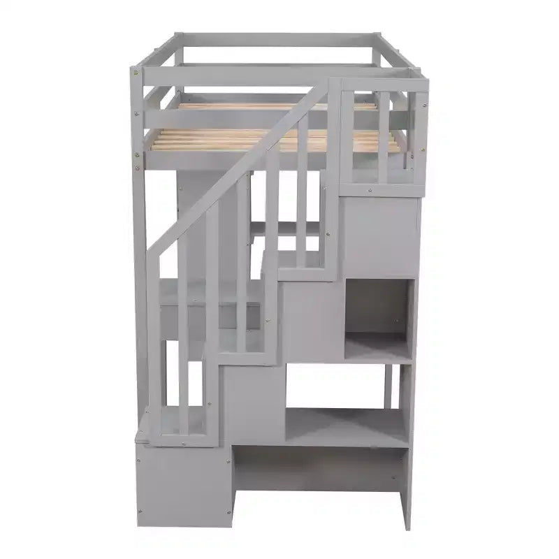 Whisen 94.40''L 41.80''W Lit mezzanine double en bois au design moderne avec tiroirs de rangement, bureau et escalier