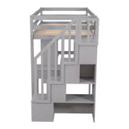 Whisen 94.40''L 41.80''W Lit mezzanine double en bois au design moderne avec tiroirs de rangement, bureau et escalier