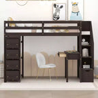 Whisen 94.40''L 41.80''W Lit mezzanine double en bois au design moderne avec tiroirs de rangement, bureau et escalier