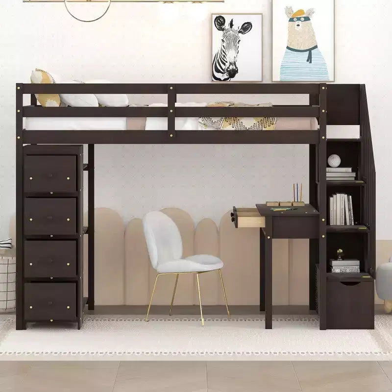 Whisen 94.40''L 41.80''W Lit mezzanine double en bois au design moderne avec tiroirs de rangement, bureau et escalier
