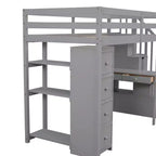 Whisen 94.40''L 41.80''W Lit mezzanine double en bois au design moderne avec tiroirs de rangement, bureau et escalier