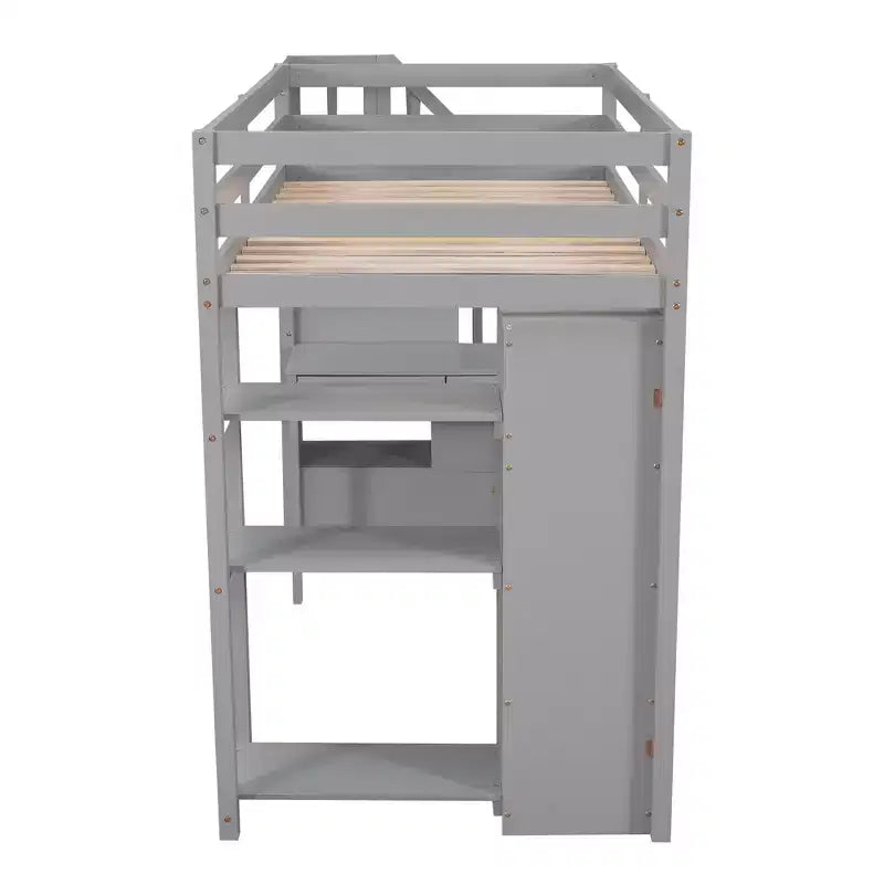 Whisen 94.40''L 41.80''W Lit mezzanine double en bois au design moderne avec tiroirs de rangement, bureau et escalier