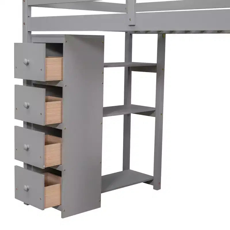 Whisen 94.40''L 41.80''W Lit mezzanine double en bois au design moderne avec tiroirs de rangement, bureau et escalier