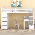 Whisen 94.40''L 41.80''W Lit mezzanine double en bois au design moderne avec tiroirs de rangement, bureau et escalier