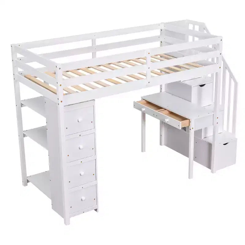 Whisen 94.40''L 41.80''W Lit mezzanine double en bois au design moderne avec tiroirs de rangement, bureau et escalier