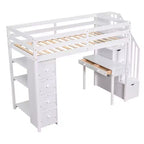 Whisen 94.40''L 41.80''W Lit mezzanine double en bois au design moderne avec tiroirs de rangement, bureau et escalier