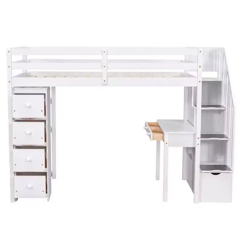 Whisen 94.40''L 41.80''W Lit mezzanine double en bois au design moderne avec tiroirs de rangement, bureau et escalier