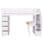 Whisen 94.40''L 41.80''W Lit mezzanine double en bois au design moderne avec tiroirs de rangement, bureau et escalier