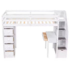 Whisen 94.40''L 41.80''W Lit mezzanine double en bois au design moderne avec tiroirs de rangement, bureau et escalier