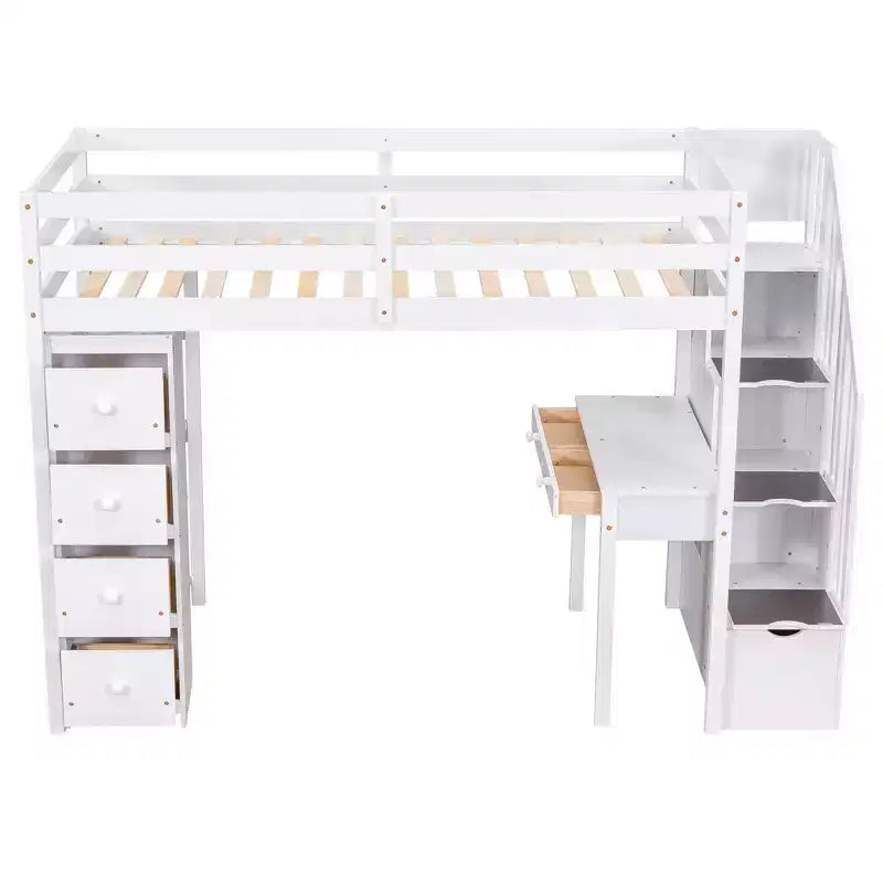 Whisen 94.40''L 41.80''W Lit mezzanine double en bois au design moderne avec tiroirs de rangement, bureau et escalier