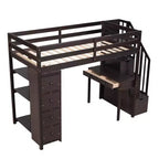 Whisen 94.40''L 41.80''W Lit mezzanine double en bois au design moderne avec tiroirs de rangement, bureau et escalier