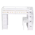 Whisen 94.40''L 41.80''W Lit mezzanine double en bois au design moderne avec tiroirs de rangement, bureau et escalier