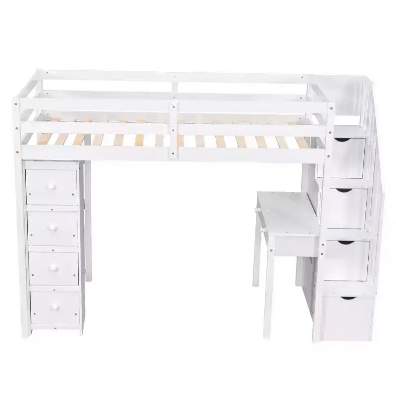 Whisen 94.40''L 41.80''W Lit mezzanine double en bois au design moderne avec tiroirs de rangement, bureau et escalier