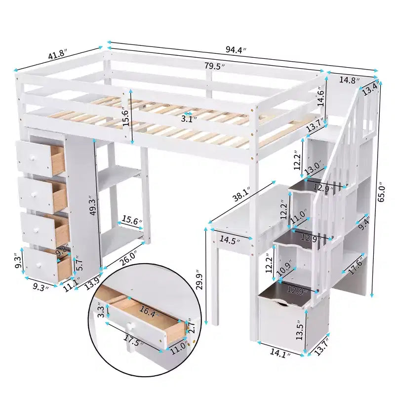 Whisen 94.40''L 41.80''W Lit mezzanine double en bois au design moderne avec tiroirs de rangement, bureau et escalier