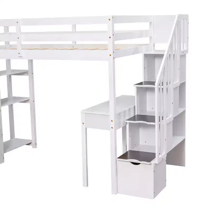 Whisen 94.40''L 41.80''W Lit mezzanine double en bois au design moderne avec tiroirs de rangement, bureau et escalier