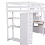 Whisen 94.40''L 41.80''W Lit mezzanine double en bois au design moderne avec tiroirs de rangement, bureau et escalier