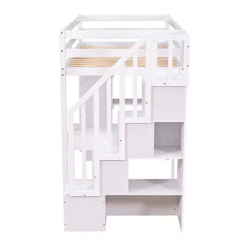 Whisen 94.40''L 41.80''W Lit mezzanine double en bois au design moderne avec tiroirs de rangement, bureau et escalier